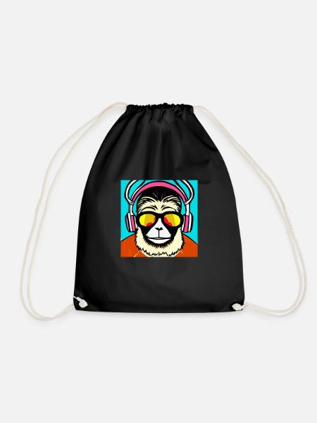 Monkey listening to music with headphones - Drawstring Bag - black