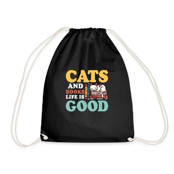 Cats And Books Life Is Good Reading Book Lover - Drawstring Bag - black - Front
