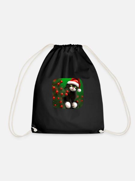 Cat in Santa hat and with bubbles - Drawstring Bag - black