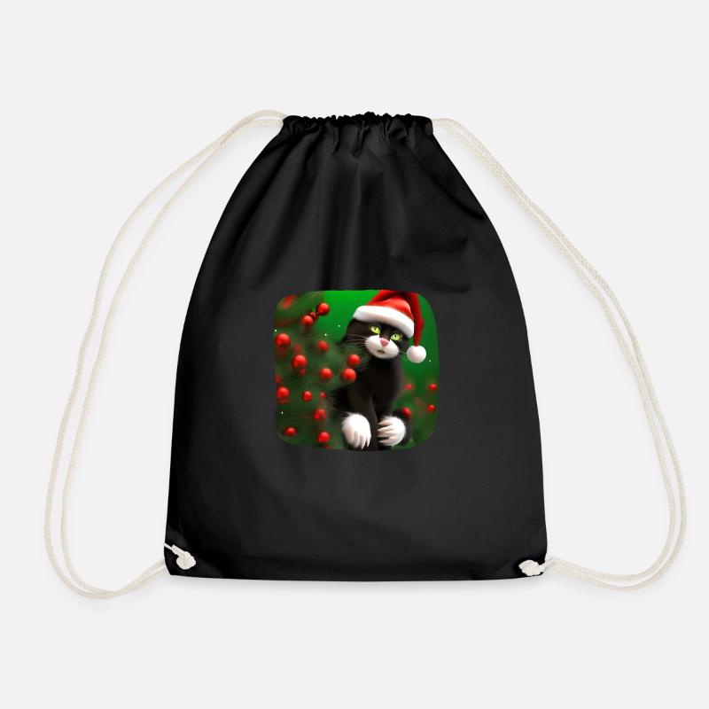 Cat in Santa hat and with bubbles - Drawstring Bag - black