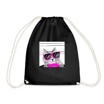 Funny Cat Pink Glasses Drawing illustration - Drawstring Bag - black - Front