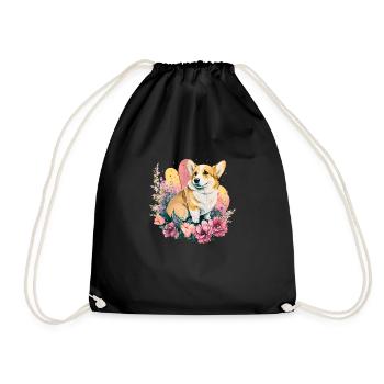 Corgi im Blumenfeld - Turnbeutel - Schwarz - Vorne