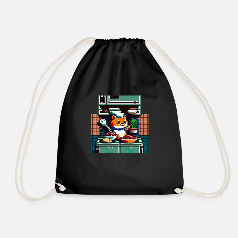 8 Bit kochende Hauskatze mit Kochlöffel in Küche - Turnbeutel - Schwarz