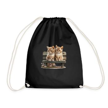 2 Katzen auf Bank Geschenk - Turnbeutel - Schwarz - Vorne