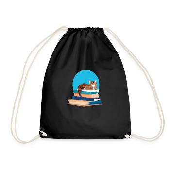 Cat Book Kitten Books Cat Reading Domestic Cat - Drawstring Bag - black - Front