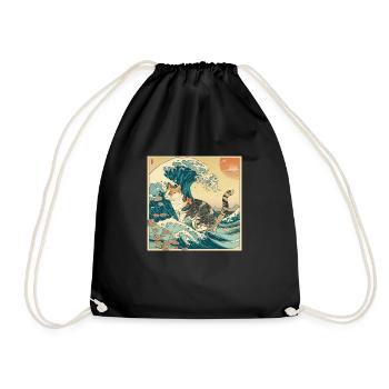 Katze auf der Welle im Stil der japanischen Vaporwave - Turnbeutel - Schwarz - Vorne
