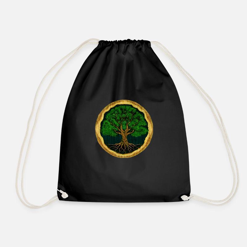 Tree of Life - digital drawing - wood look - Drawstring Bag - black