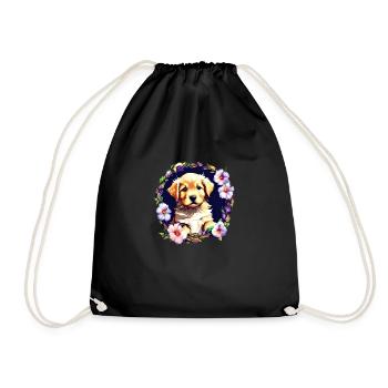 Dog Golden Retriever Puppy Animal Lover Flowers - Drawstring Bag - black - Front