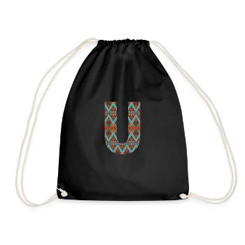 Letter U- boho design, Colorful monogram - Drawstring Bag - black - Front