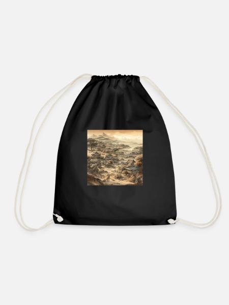 Japanese landscape in vintage style - Drawstring Bag - black