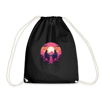 Synthwave japan traditional men drink together - Drawstring Bag - black - Front