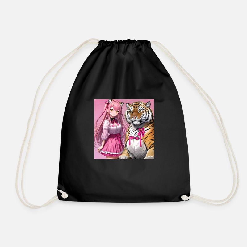 Anime-Mädchen mit Tiger auf rosa Hintergrund - Turnbeutel - Schwarz