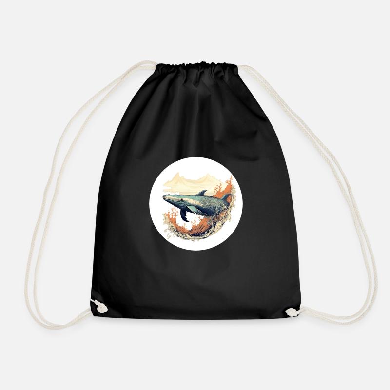 Whale - Ukiyo-e (no1) - Drawstring Bag - black