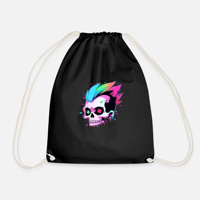 Cute Punk Skull / Kawaii Punk Skull - Drawstring Bag - black