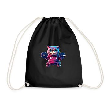 cute funny cat illustration lifting weight workout - Drawstring Bag - black - Front