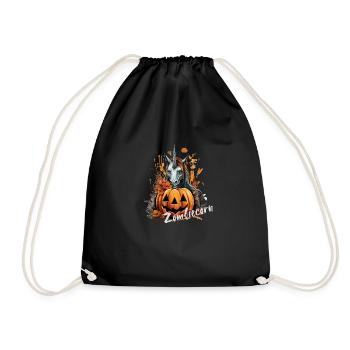 Einhorn mit Kürbis, Halloween, Zombiecorn - Turnbeutel - Schwarz - Vorne