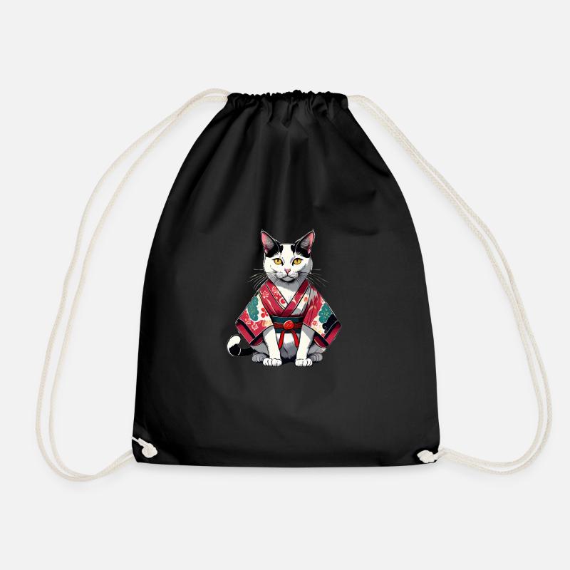 Kimono cat - Drawstring Bag - black