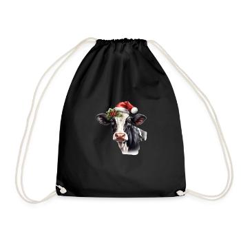 Kuh mit Weihnachtsmütze, T-Shirt, Tasse - Turnbeutel - Schwarz - Vorne