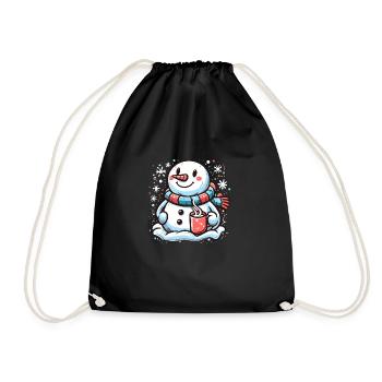 Cute Snowman with Hot Cocoa Mug - Winter Apparel - Drawstring Bag - black - Front