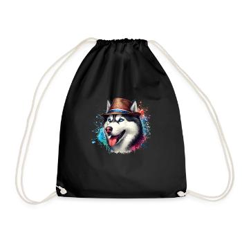Husky head with hat - Drawstring Bag - black - Front