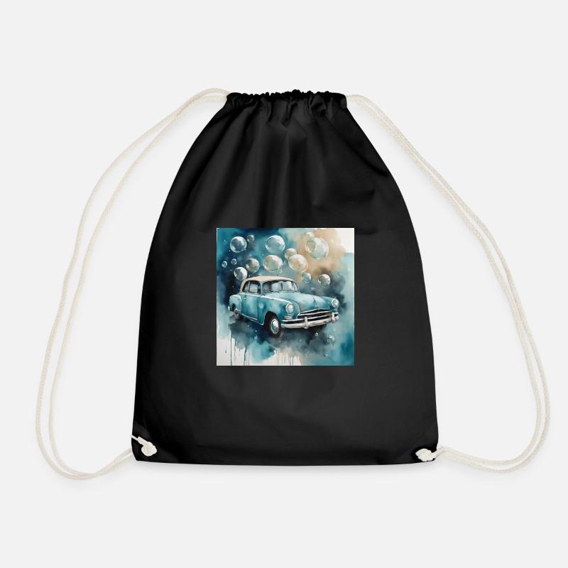 Old car with soap bubbles in watercolor. - Drawstring Bag - black