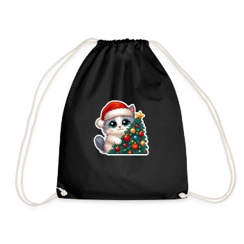 Cute Christmas Kitten & Decorated Tree Art - Drawstring Bag - black - Front