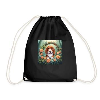 Cute Kawaii Baby Basset Hound Floral - Drawstring Bag - black - Front