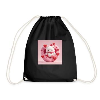 Weißer Teddybär in einem flauschigen Herz, rote Herzen drumherum - Turnbeutel - Schwarz - Vorne