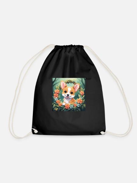 Cute Kawaii Baby Corgi Floral - Drawstring Bag - black