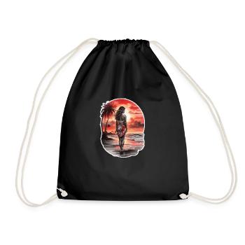 Woman on the beach looking at the red sunset - Drawstring Bag - black - Front