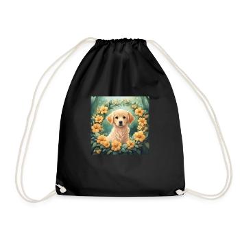 Cute Kawaii Baby Golden Retriever Floral - Drawstring Bag - black - Front