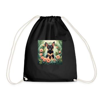 Cute Kawaii Baby German Shepherd Floral - Drawstring Bag - black - Front