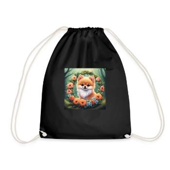 Cute Kawaii Baby Pomeranian Floral - Drawstring Bag - black - Front