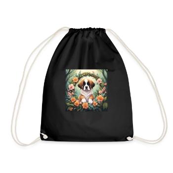 Cute Kawaii Baby Saint Bernard Floral - Drawstring Bag - black - Front