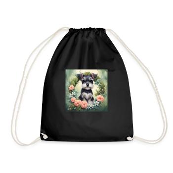 Cute Kawaii Baby Schnauzer Floral - Drawstring Bag - black - Front