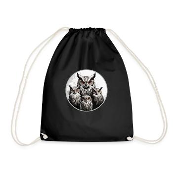 Owl Family - Graphic Owl Motif with Four Eagle Owls - Drawstring Bag - black - Front