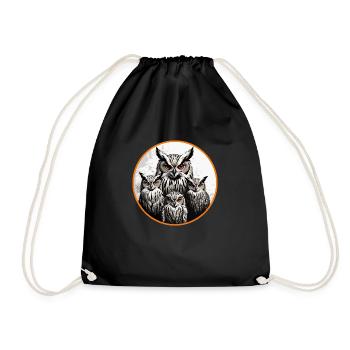 Owl Family - Graphic Owl Motif with Four Eagle Owls - Drawstring Bag - black - Front
