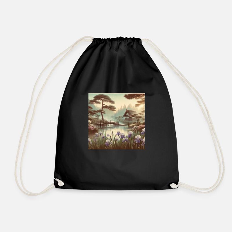 Japan Vintage Garten Teich Irisblüten - Turnbeutel - Schwarz