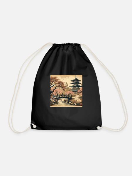 Japan Vintage Cherry Blossom Pagoda - Drawstring Bag - black