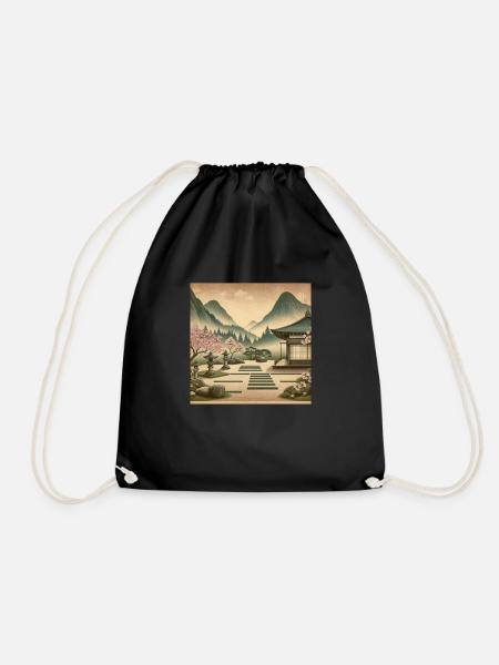 Japan Vintage Zen Garden Teahouse - Drawstring Bag - black