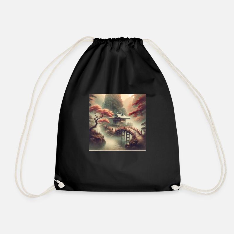 Japan Vintage Tea Pavilion Bridge - Drawstring Bag - black