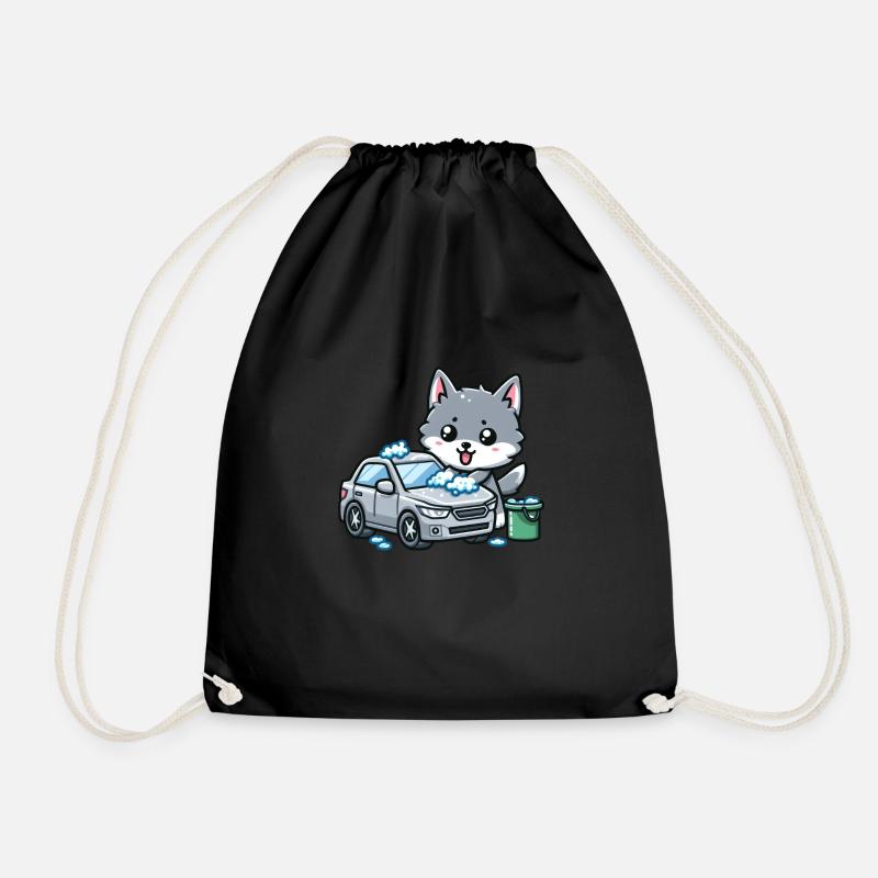 Cute wolf washes car - Drawstring Bag - black