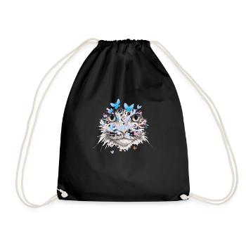 Cat Cats Cat Face Nature Butterflies - Drawstring Bag - black - Front