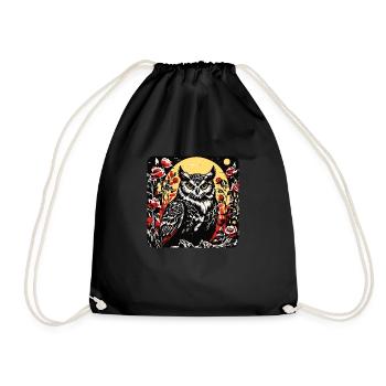 Hibou avec des vrilles de pétales de rose en aspect gravure sur bois - Sac de sport léger - noir - Devant