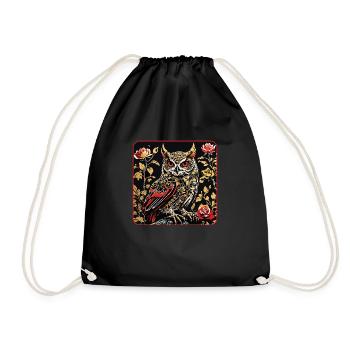 Hibou avec des vrilles de pétales de rose en aspect gravure sur bois - Sac de sport léger - noir - Devant