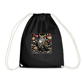 Hibou avec pétales de rose en aspect gravure sur bois - Sac de sport léger - noir - Devant
