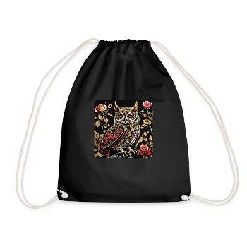 Hibou avec des vrilles de pétales de rose en aspect gravure sur bois - Sac de sport léger - noir - Devant