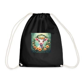 Cute Kawaii Baby Cow Floral - Drawstring Bag - black - Front