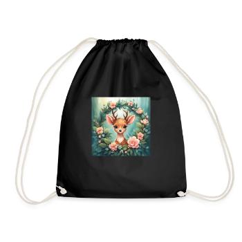 Cute Kawaii Baby Deer Floral - Drawstring Bag - black - Front