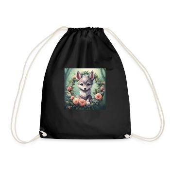 Cute Kawaii Baby Wolf Floral - Drawstring Bag - black - Front